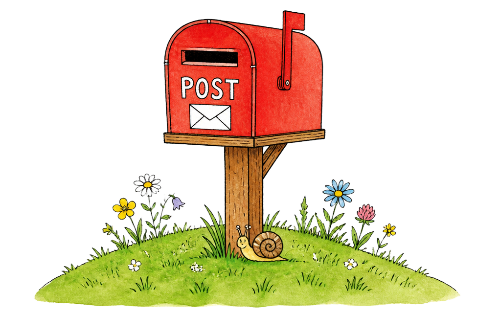 A red letterbox on a grassy hill